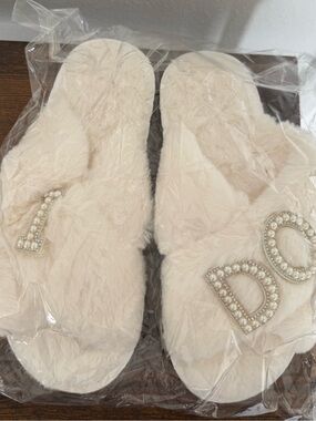I DO bridal embellished cream fuzzy women's slippers